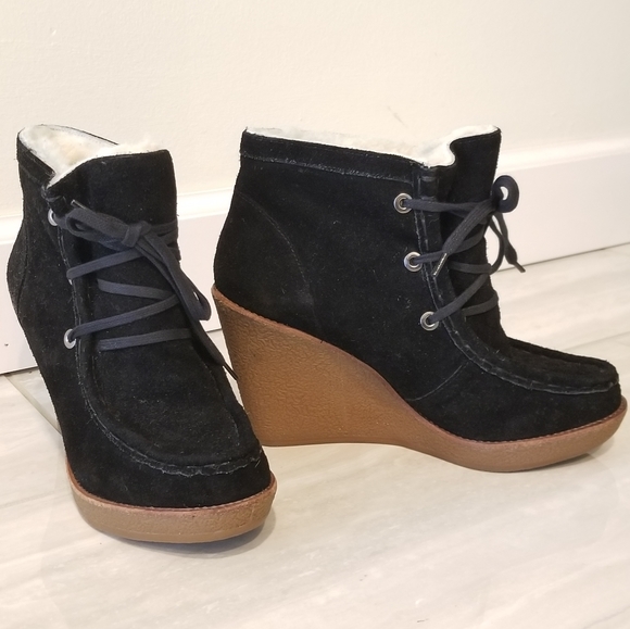 Rebecca Minkoff Shoes - NWOT Rebecca Minkoff Black Suede Shearling Wedge Booties